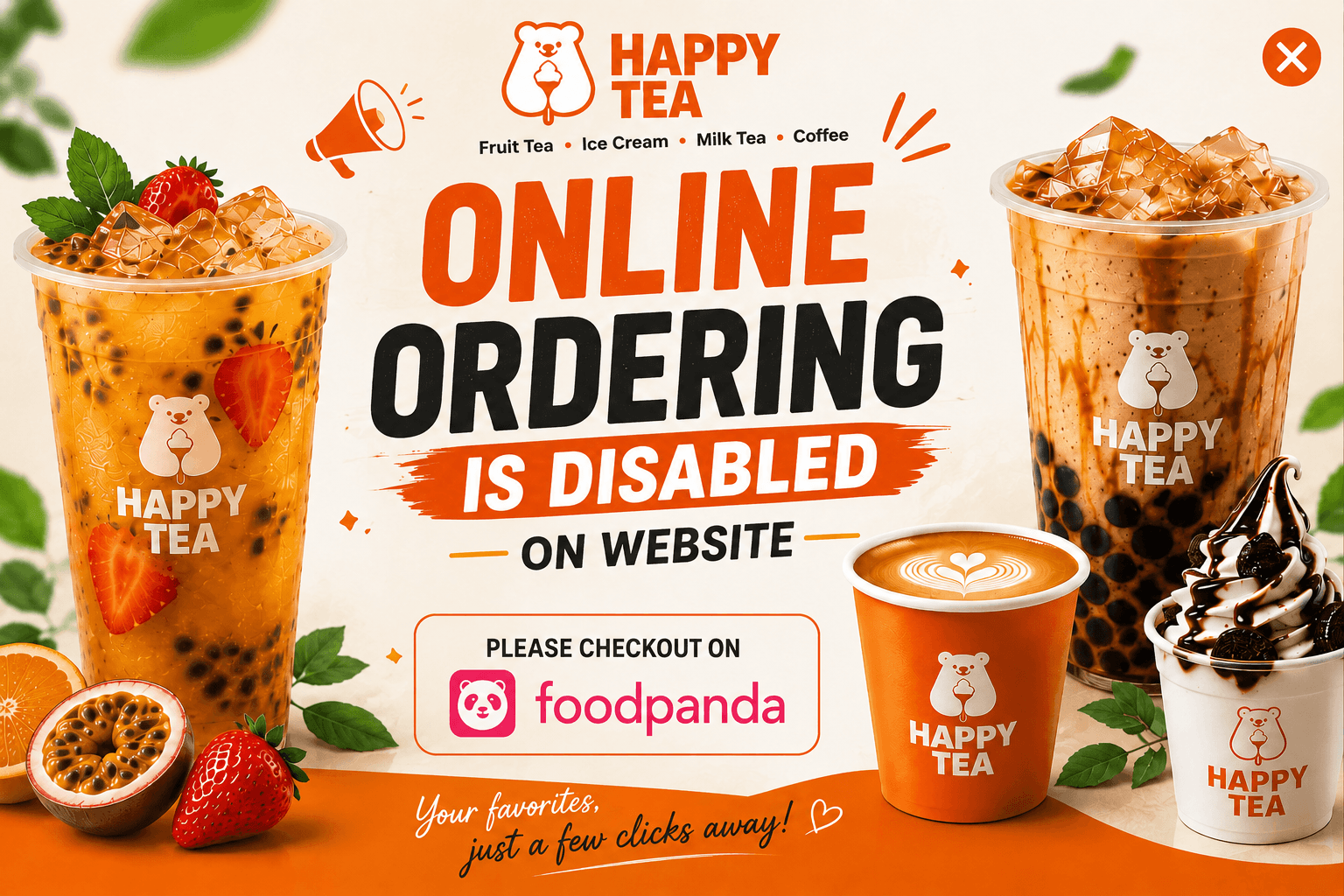 Happy Tea online ordering is paused — checkout on Foodpanda